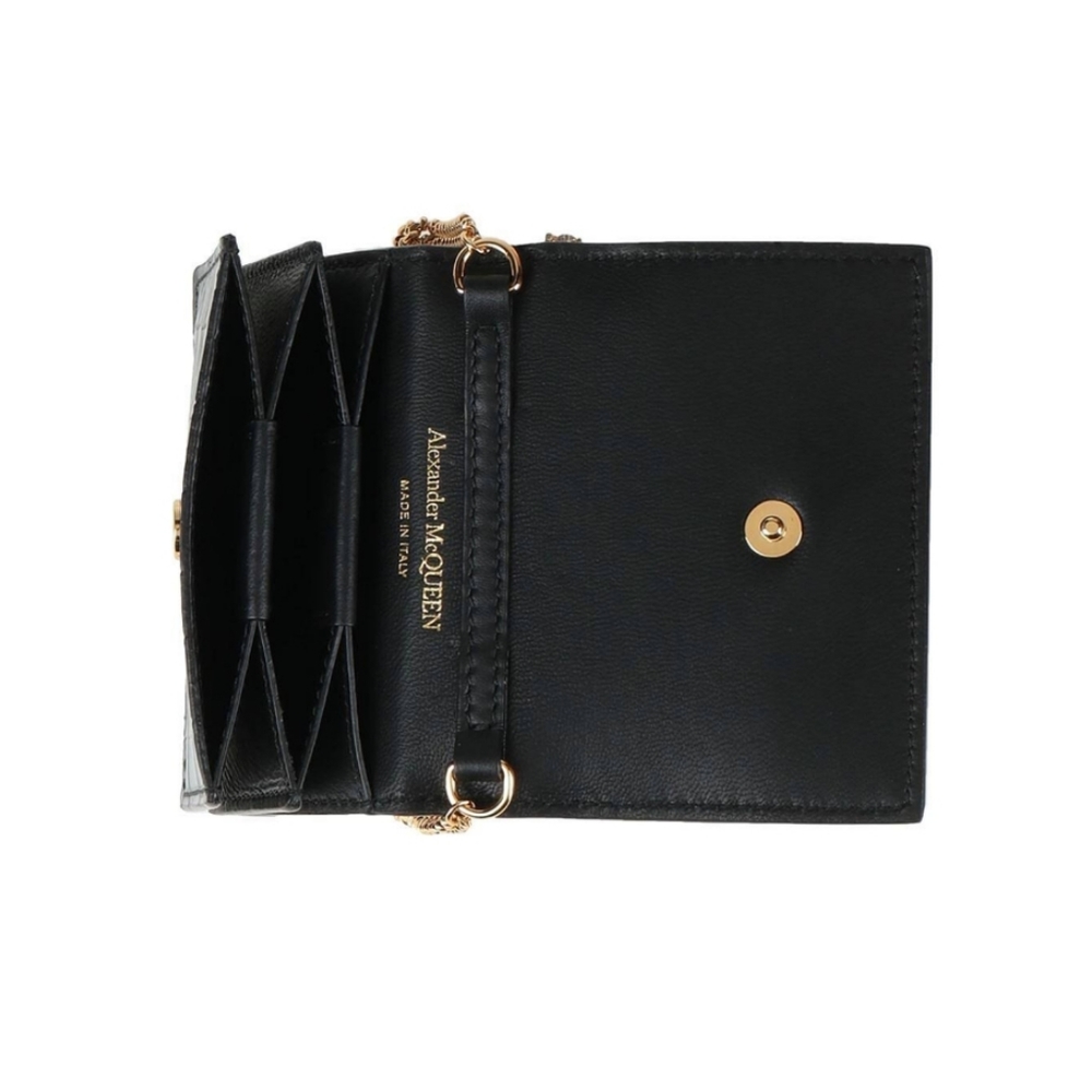 Alexander McQueen Croc-Embossed Leather Card Holder On Chain Black - Picture 2 of 7